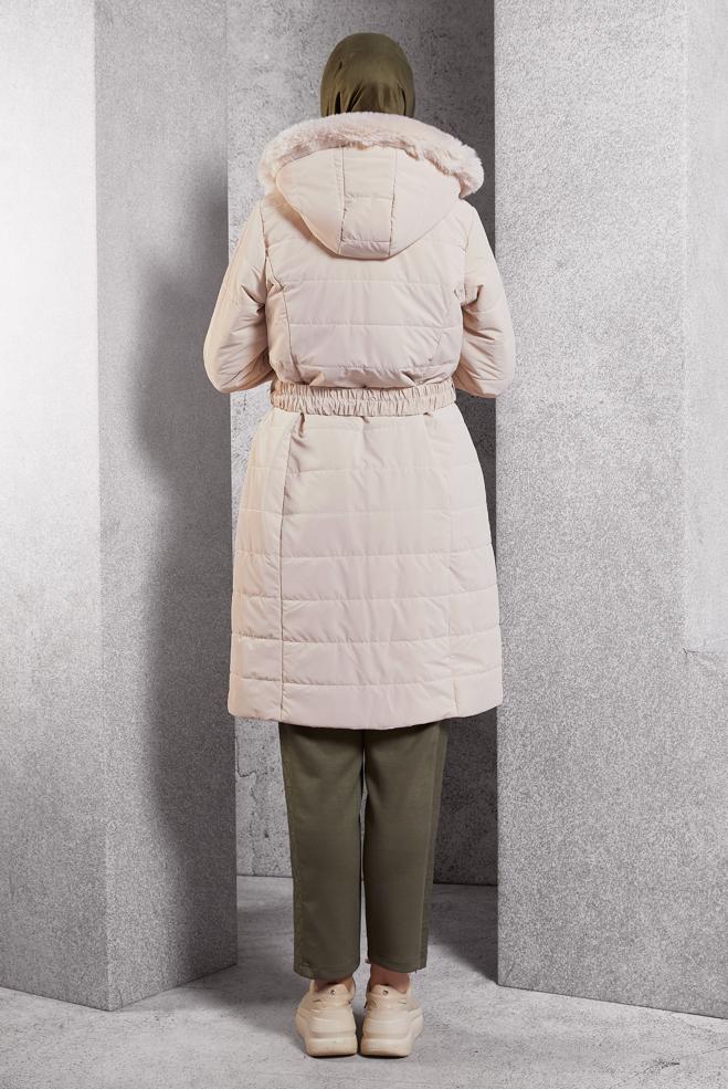 Vêtements hijab BEIGE MANTEAU À CAPUCHE ET CEINTURE 90523 - ALVİNA