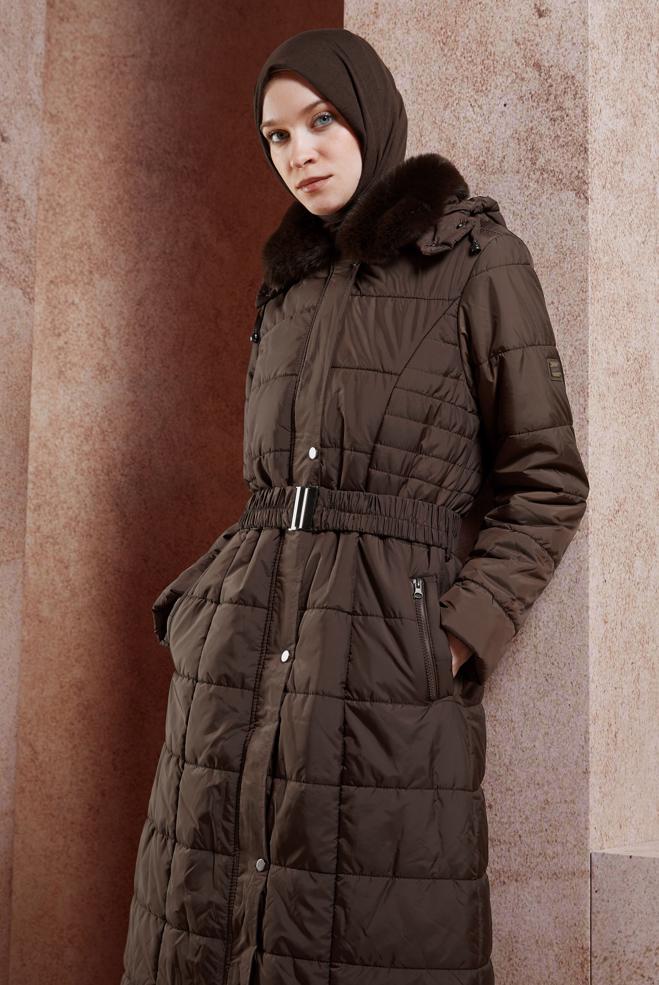 Vêtements hijab BRUN MANTEAU À CAPUCHE 90524 - ALVİNA