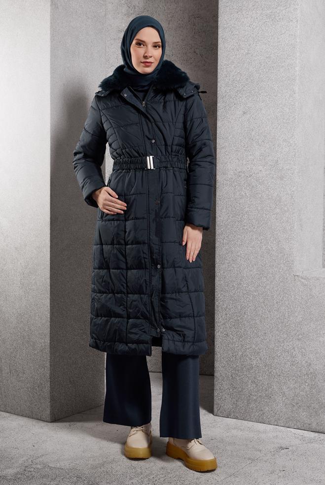 Hijab clothing NAVY BLUE HOODED COAT 90524 - ALVİNA