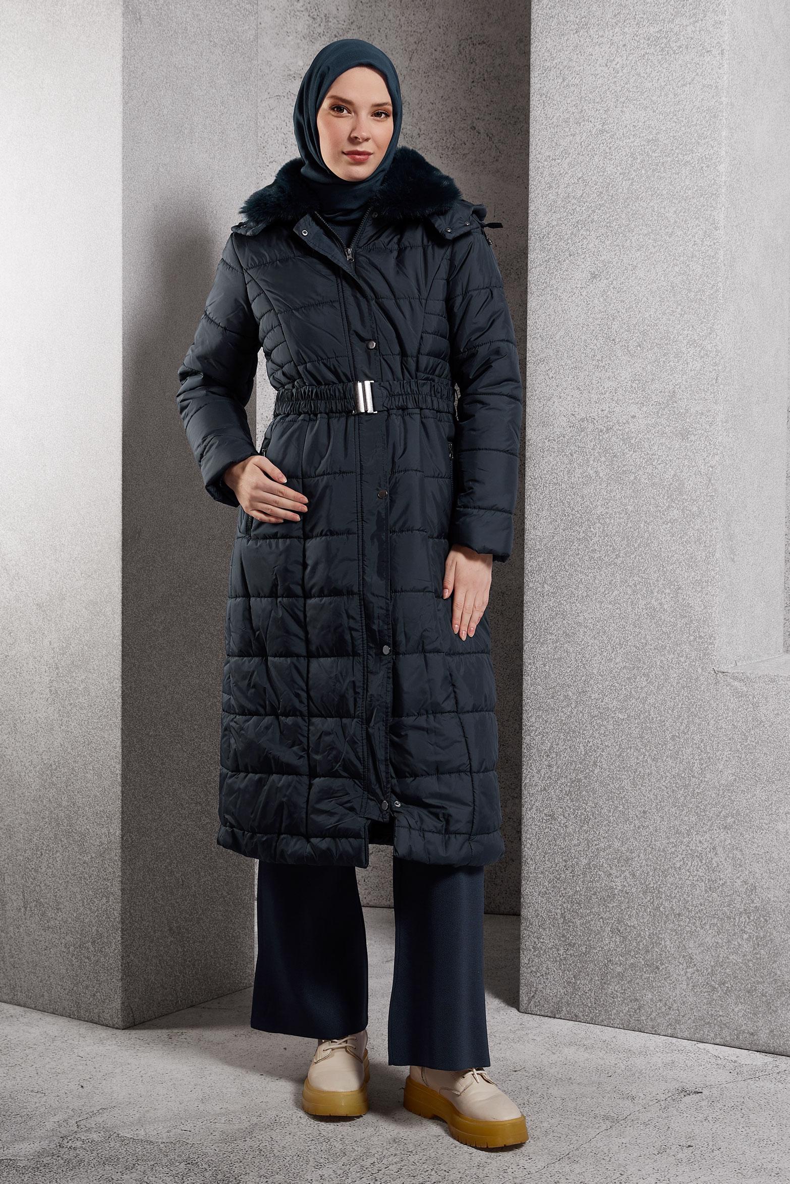 Tesettür giyim LACİVERT KAPÜŞONLU KABAN 90524