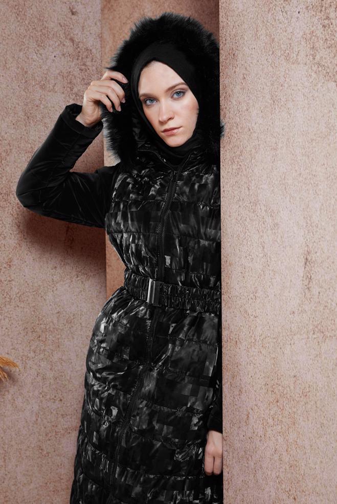 Vêtements hijab NOIR MANTEAU CEINTURÉ À MOTIFS 90525 - ALVİNA