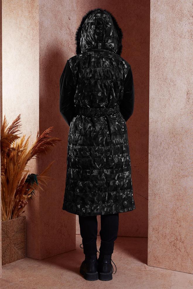 Vêtements hijab NOIR MANTEAU CEINTURÉ À MOTIFS 90525 - ALVİNA