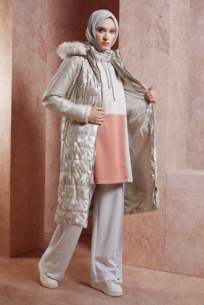 Vêtements hijab BRUN MANTEAU CEINTURÉ À MOTIFS 90525 - ALVİNA