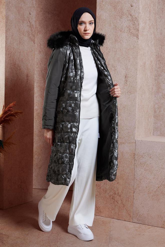 Tesettür giyim GRİ DESENLİ KEMERLİ KABAN 90525 - ALVİNA