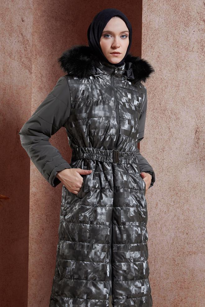 Tesettür giyim GRİ DESENLİ KEMERLİ KABAN 90525 - ALVİNA