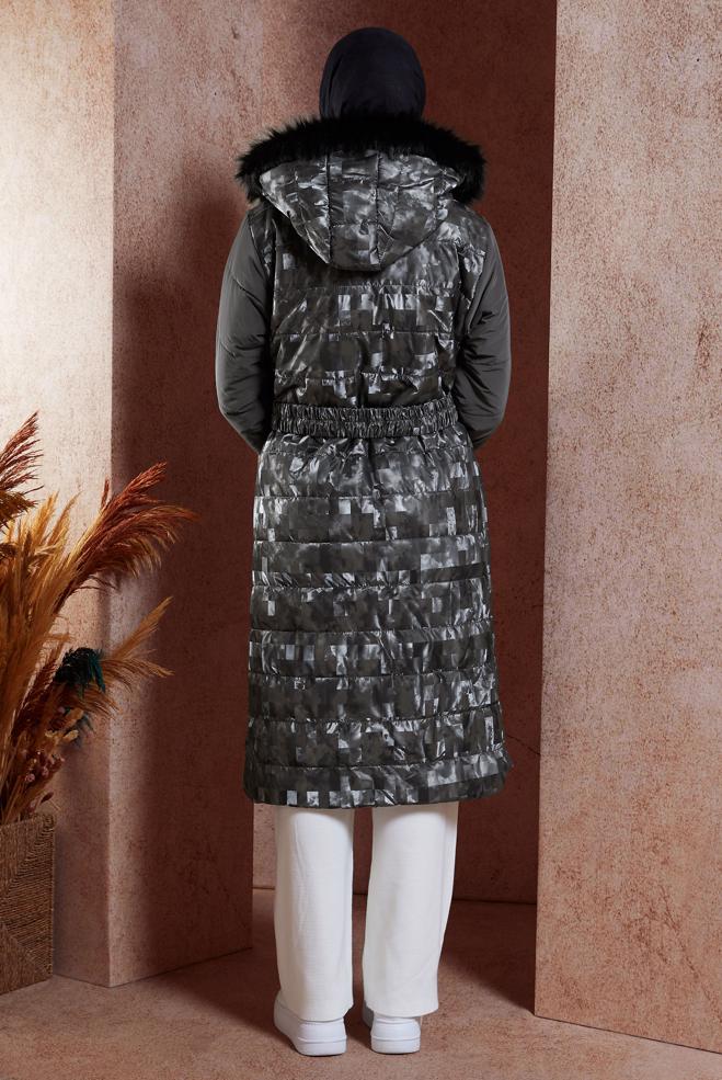 Tesettür giyim GRİ DESENLİ KEMERLİ KABAN 90525 - ALVİNA