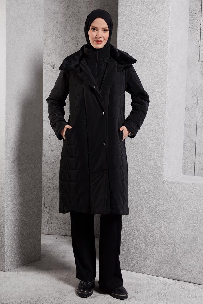 Hijab clothing BLACK FAUX FUR DETAILED COAT 90531 - ALVİNA