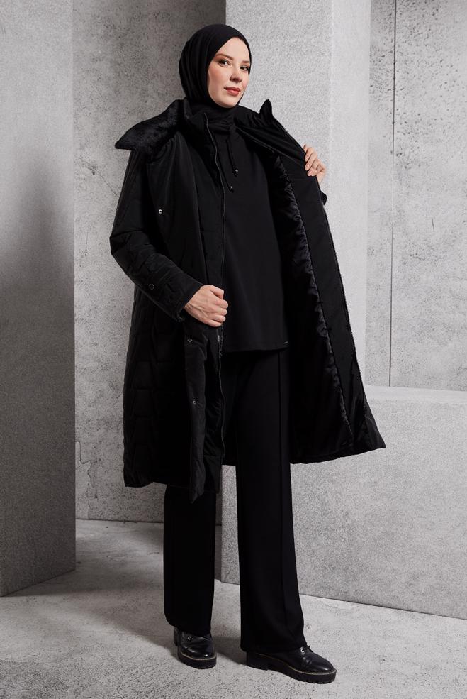Hijab clothing BLACK FAUX FUR DETAILED COAT 90531 - ALVİNA