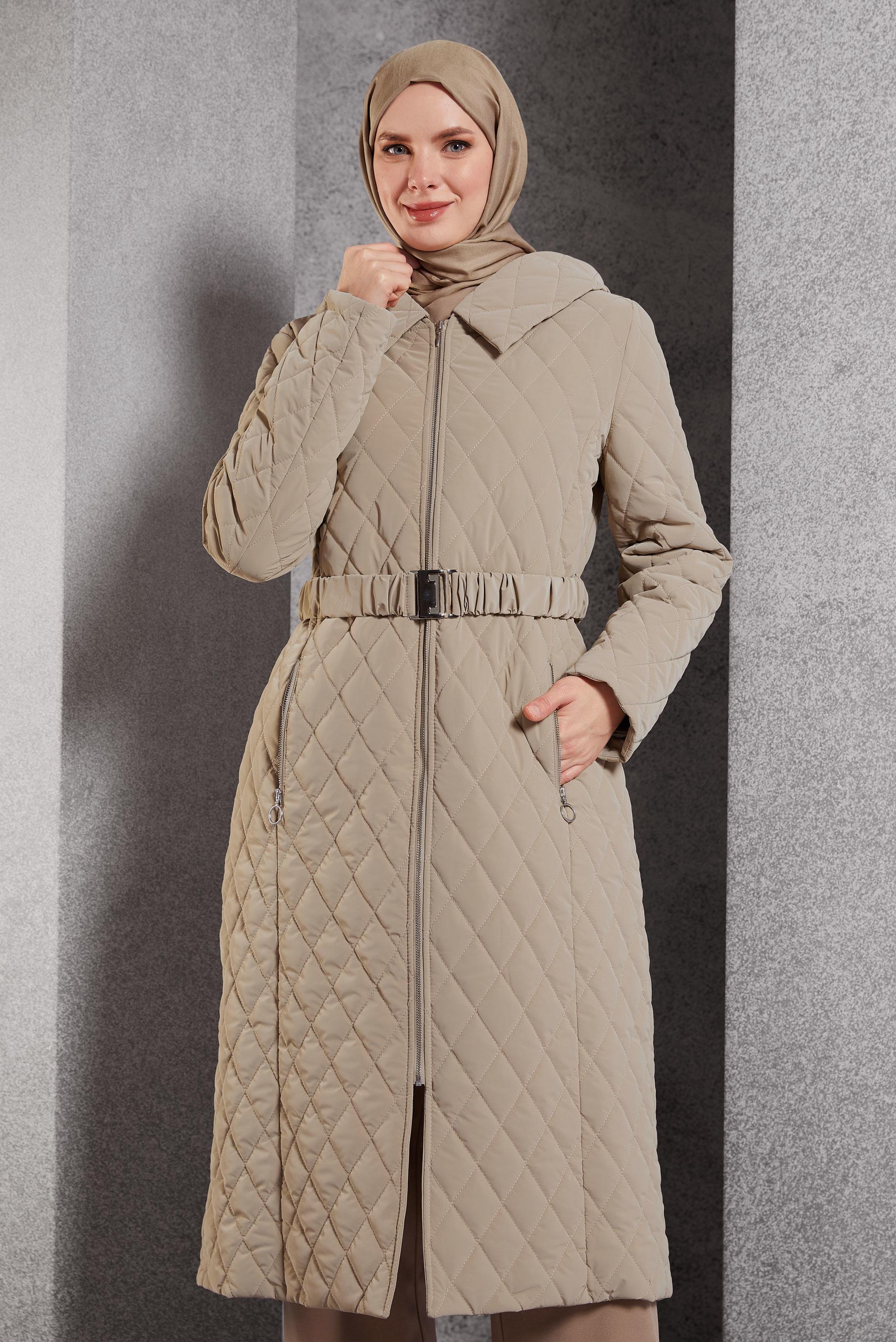 Vêtements hijab BEIGE MANTEAU À CAPUCHE ET CEINTURE 90532