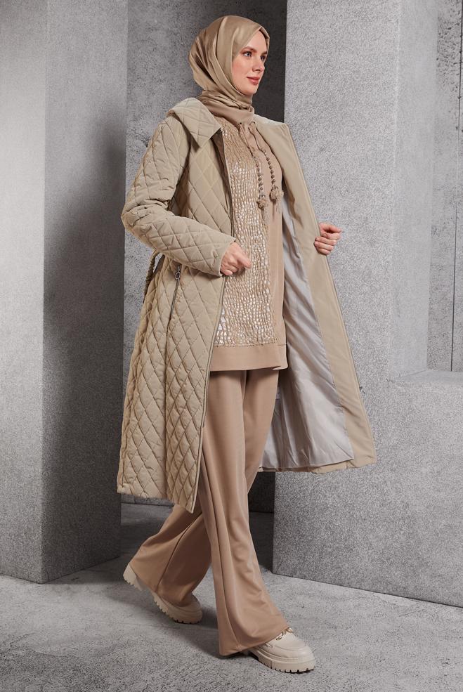 Vêtements hijab BEIGE MANTEAU À CAPUCHE ET CEINTURE 90532 - ALVİNA