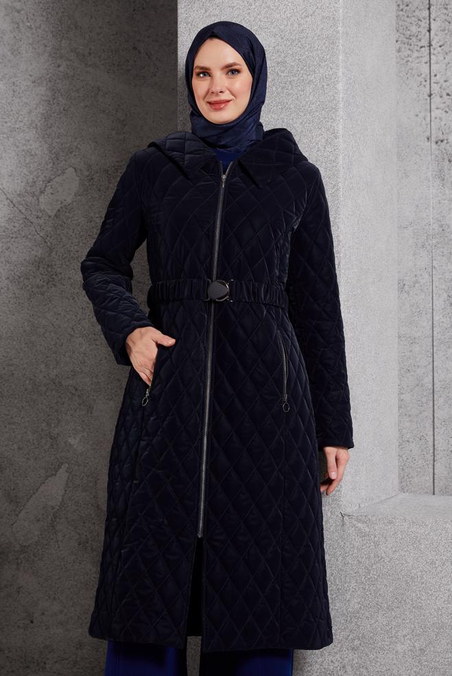 Vêtements hijab BLEU MARINE MANTEAU À CAPUCHE ET CEINTURE 90532 - ALVİNA