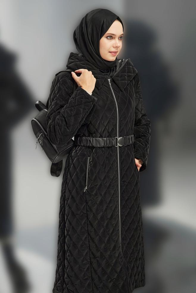 Vêtements hijab NOIR MANTEAU À CAPUCHE ET CEINTURE 90532-1 - ALVİNA