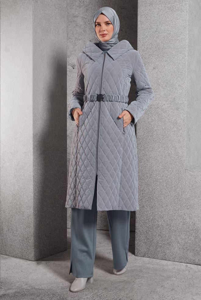 Vêtements hijab GRIS MANTEAU À CAPUCHE ET CEINTURE 90532-1 - ALVİNA