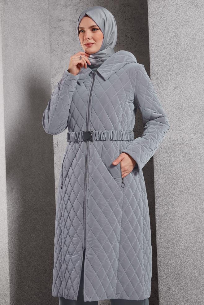Vêtements hijab GRIS MANTEAU À CAPUCHE ET CEINTURE 90532-1 - ALVİNA