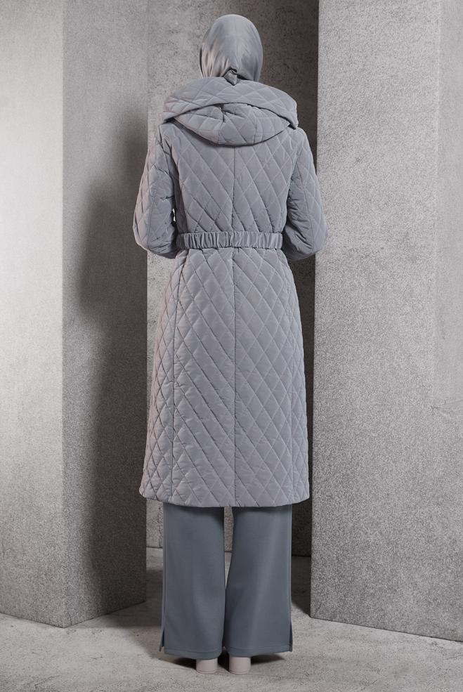 Vêtements hijab GRIS MANTEAU À CAPUCHE ET CEINTURE 90532-1 - ALVİNA