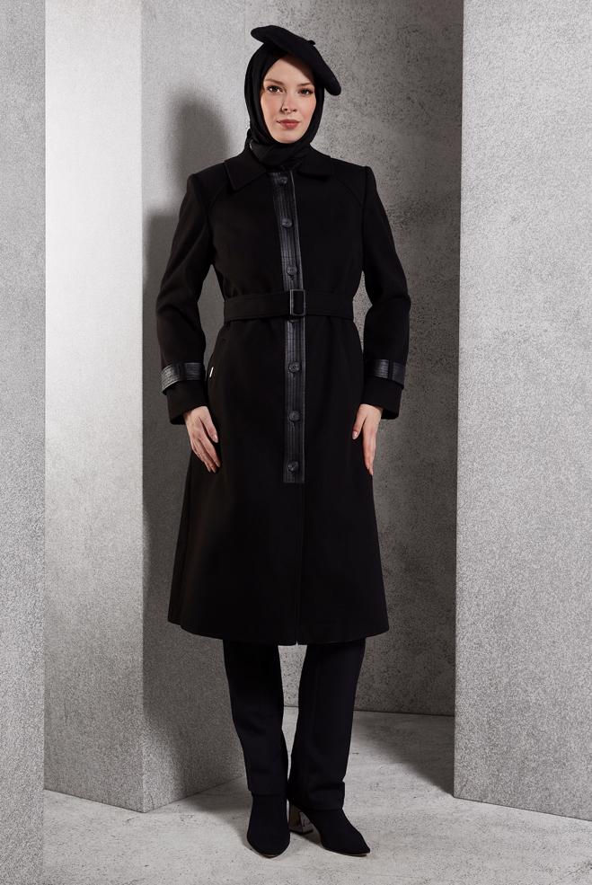 Vêtements hijab NOIR MANTEAU CEINTURÉ 90535 - ALVİNA