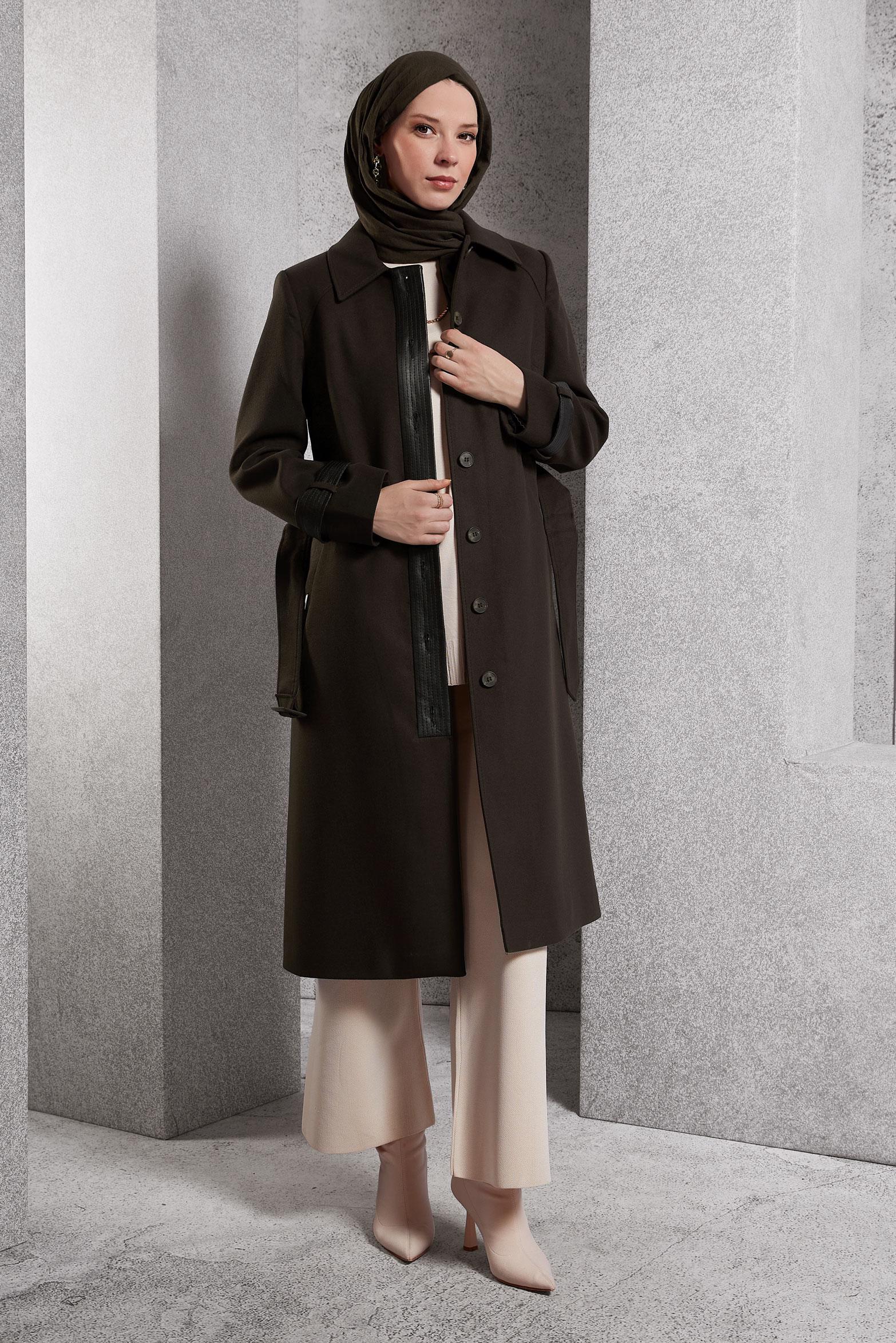 Tesettür giyim KAHVE KEMERLİ KABAN 90535