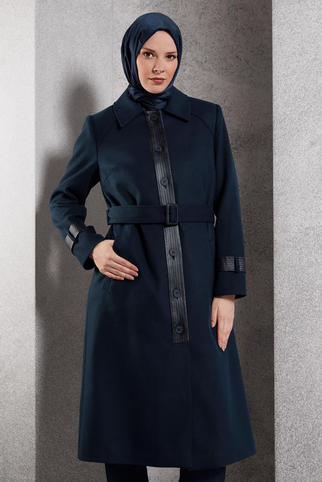 Hijab clothing NAVY BLUE BELTED COAT 90535 - ALVİNA
