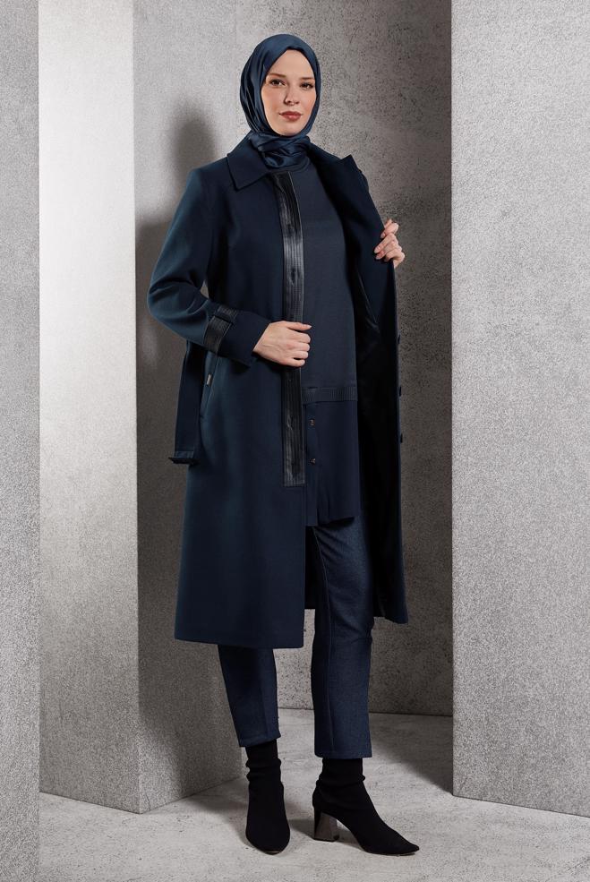 Hijab clothing NAVY BLUE BELTED COAT 90535 - ALVİNA