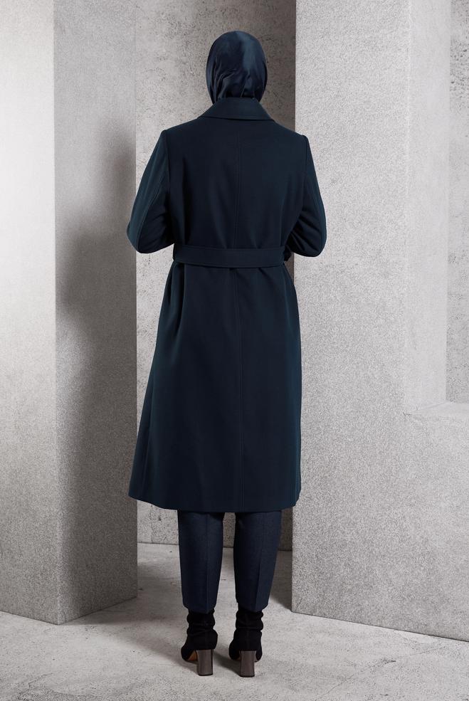 Hijab clothing NAVY BLUE BELTED COAT 90535 - ALVİNA
