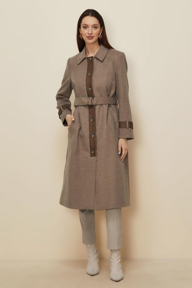 Tesettür giyim KAHVE KEMERLİ KABAN 90535 - ALVİNA