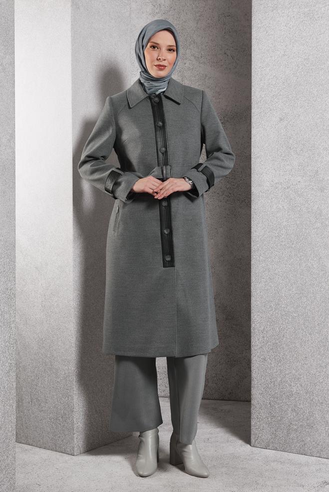 Hijab clothing GREY BELTED COAT 90535 - ALVİNA