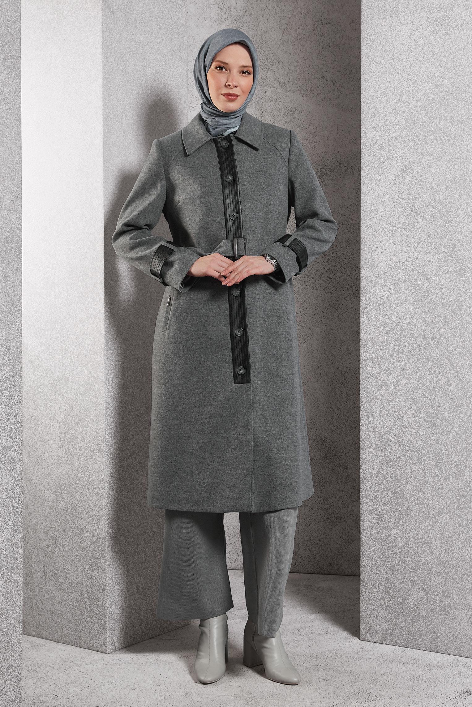 Tesettür giyim GRİ KEMERLİ KABAN 90535