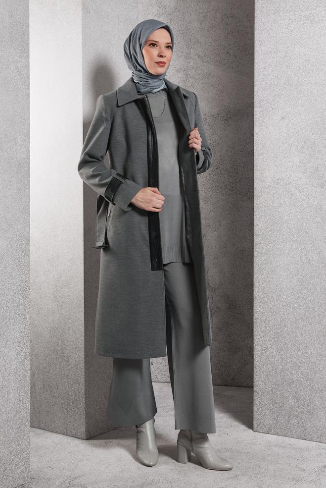 Hijab clothing GREY BELTED COAT 90535 - ALVİNA