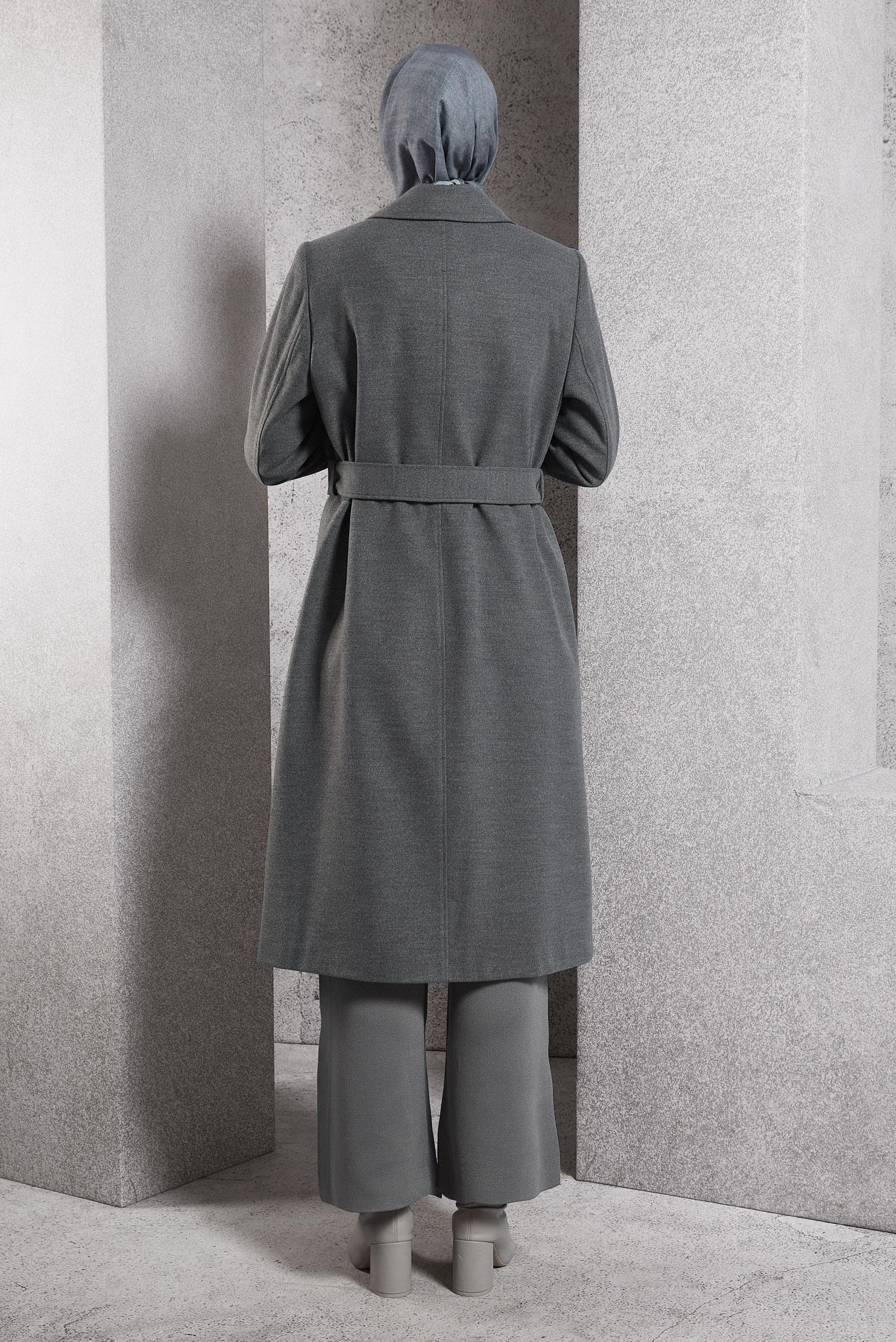 Tesettür giyim GRİ KEMERLİ KABAN 90535