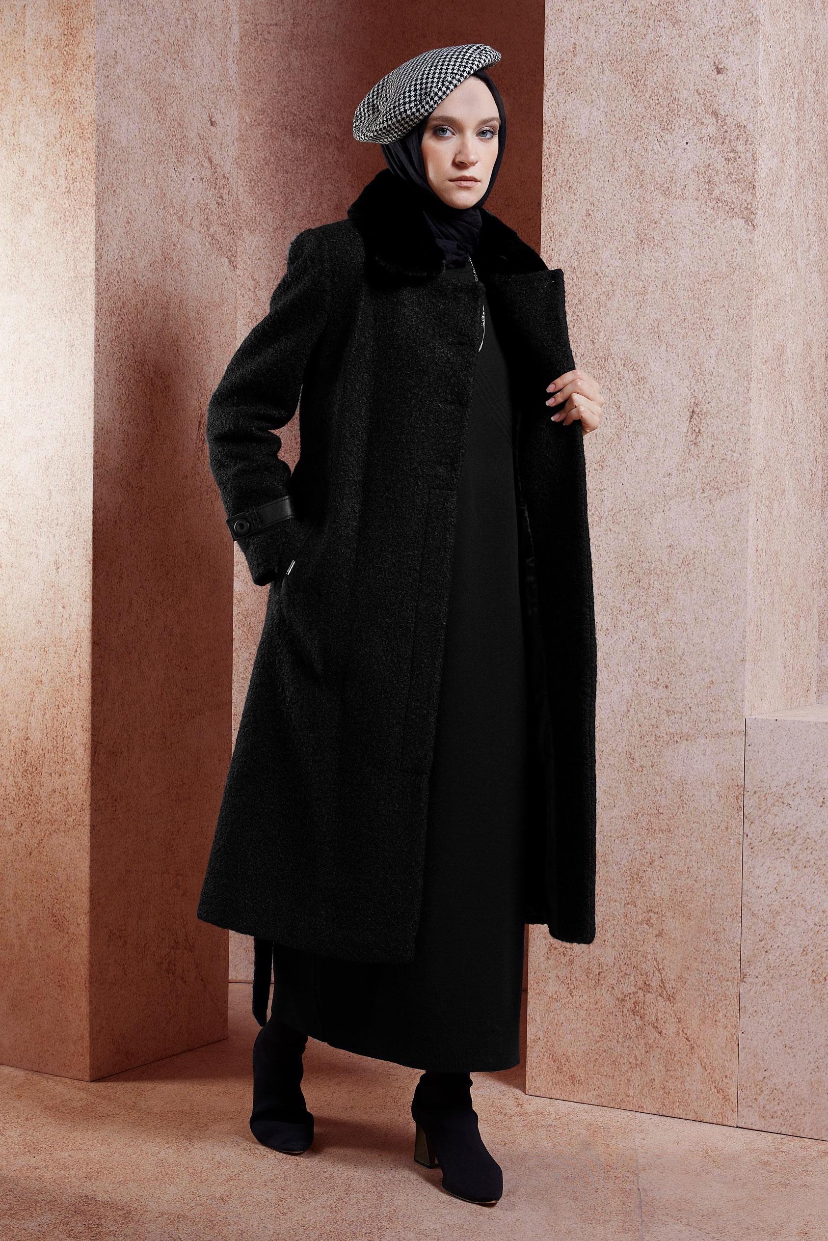 Tesettür giyim SİYAH KUŞAKLI KABAN 90536