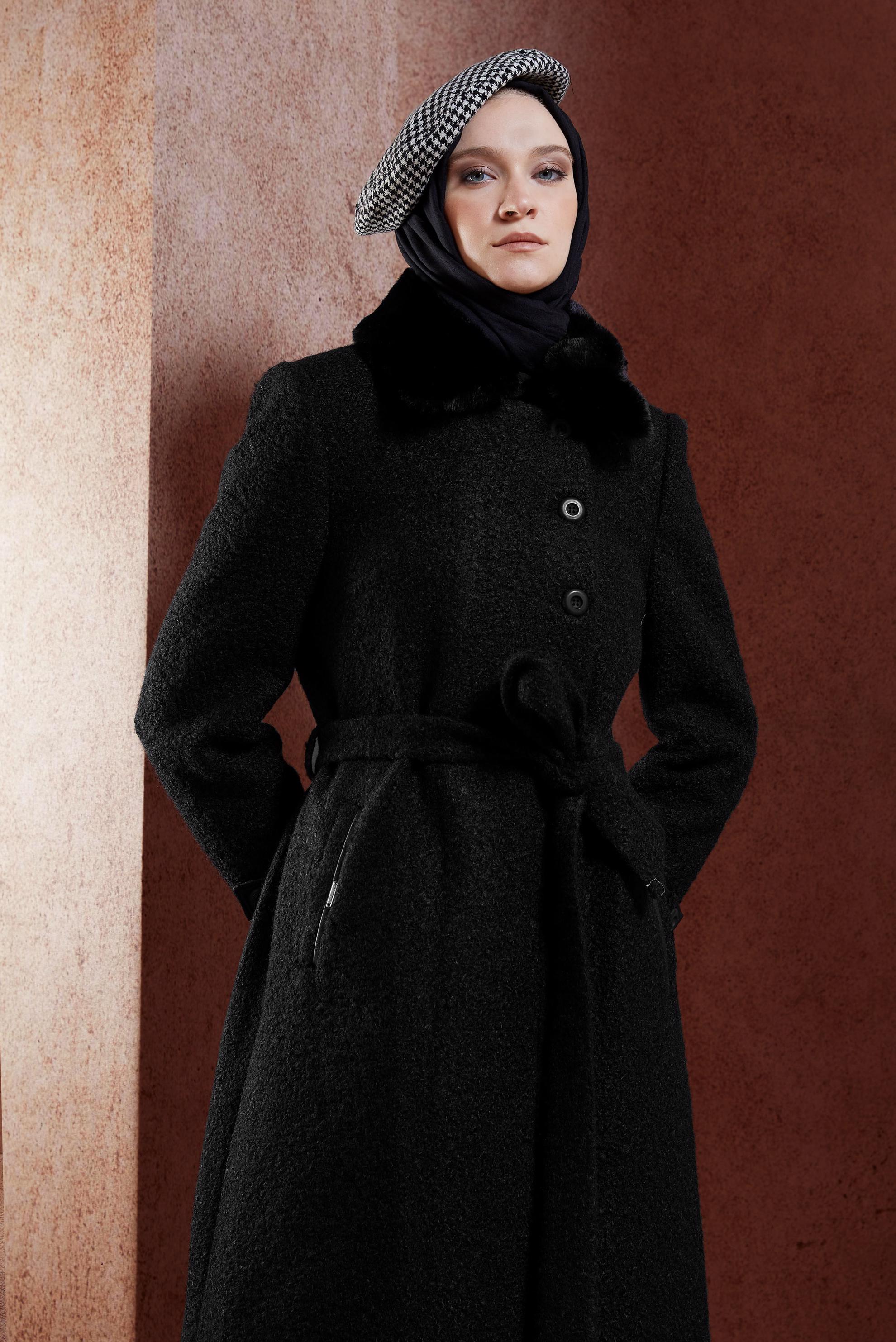 Tesettür giyim SİYAH KUŞAKLI KABAN 90536