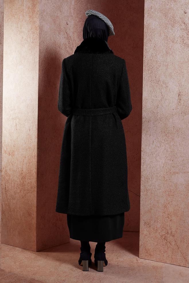 Tesettür giyim SİYAH KUŞAKLI KABAN 90536 - ALVİNA