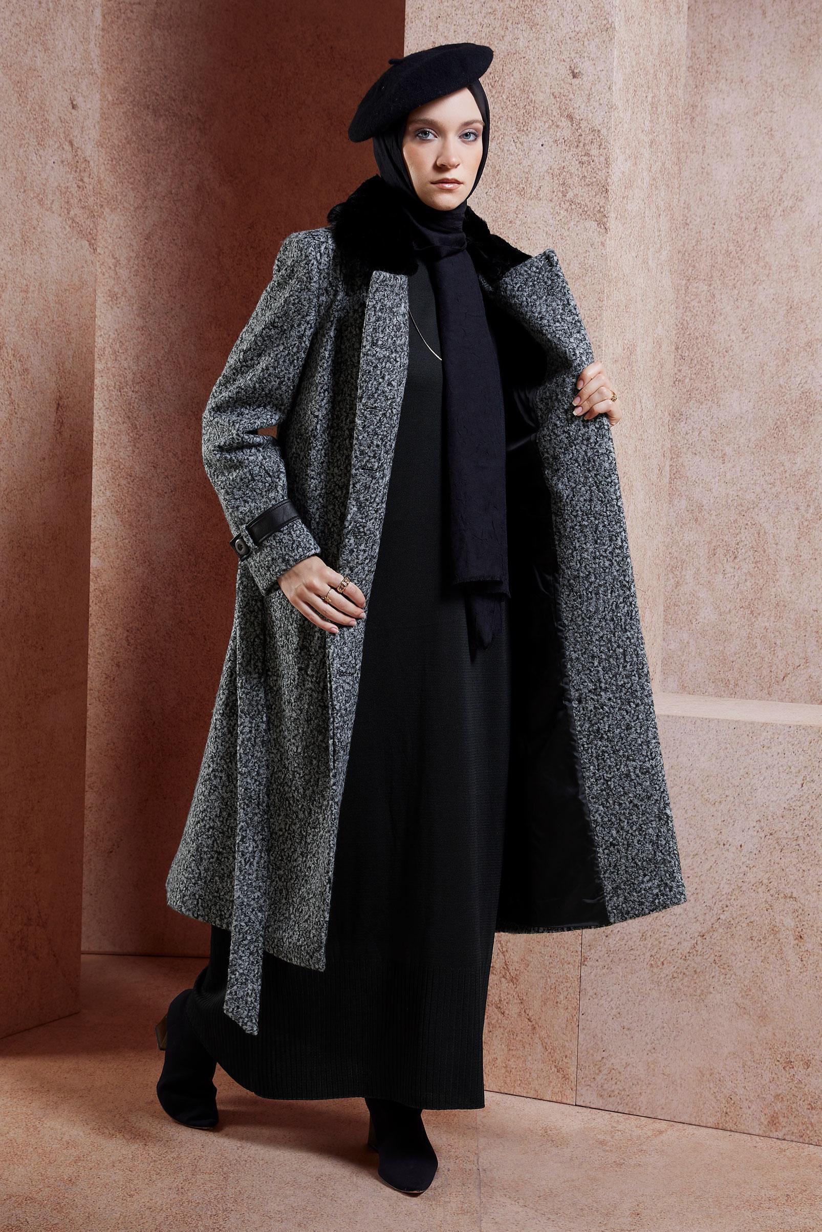 Tesettür giyim SİYAH KUŞAKLI KABAN 90536