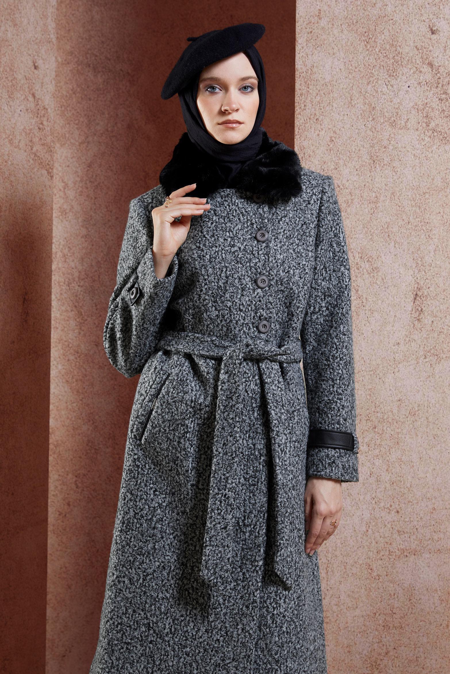 Tesettür giyim SİYAH KUŞAKLI KABAN 90536