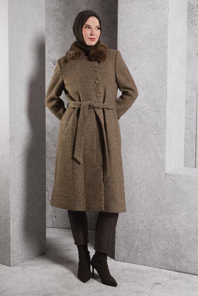 Vêtements hijab BRUN MANTEAU CEINTURÉ 90536 - ALVİNA