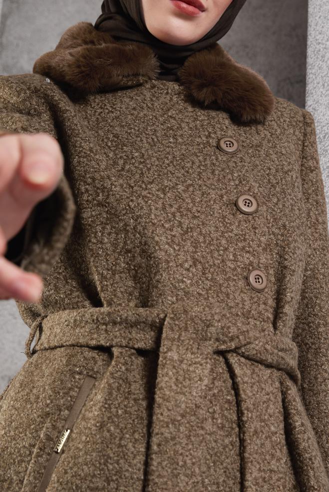 Vêtements hijab BRUN MANTEAU CEINTURÉ 90536 - ALVİNA