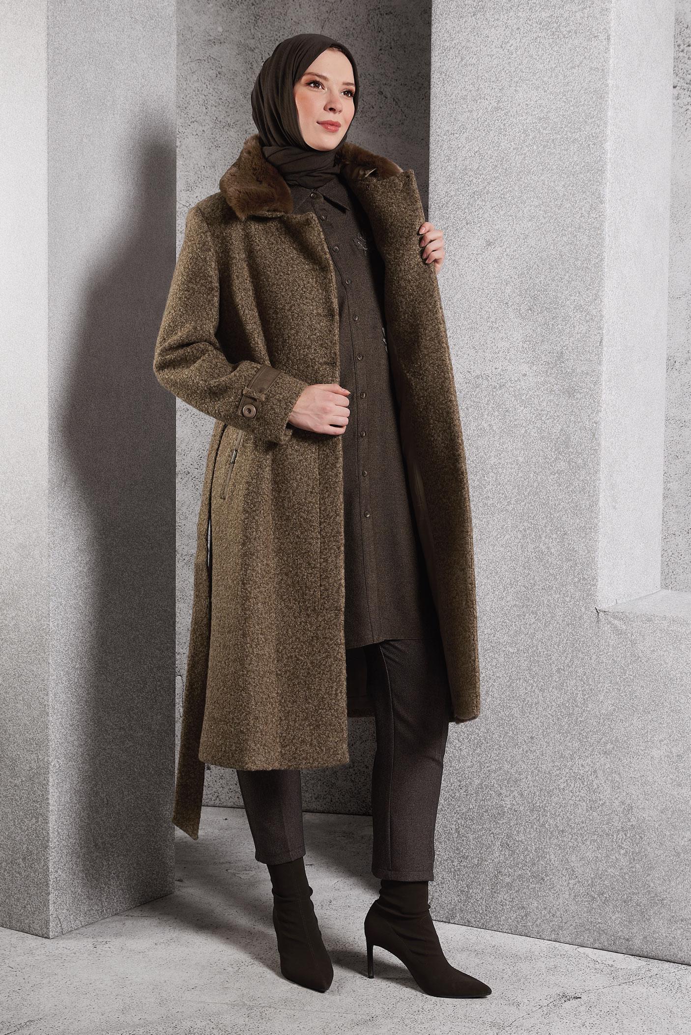 Vêtements hijab BRUN MANTEAU CEINTURÉ 90536