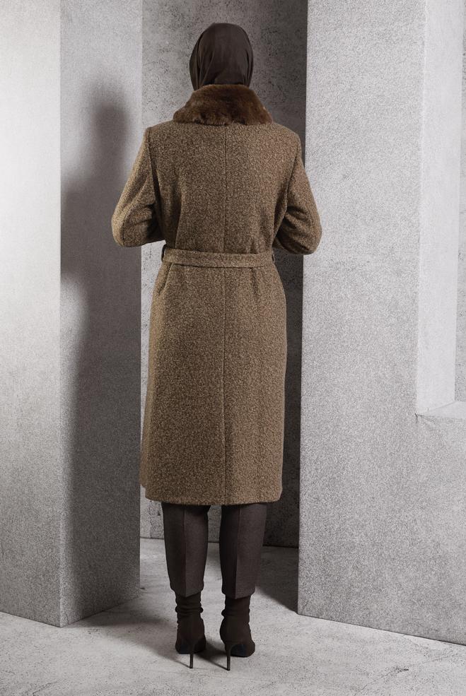 Vêtements hijab BRUN MANTEAU CEINTURÉ 90536 - ALVİNA