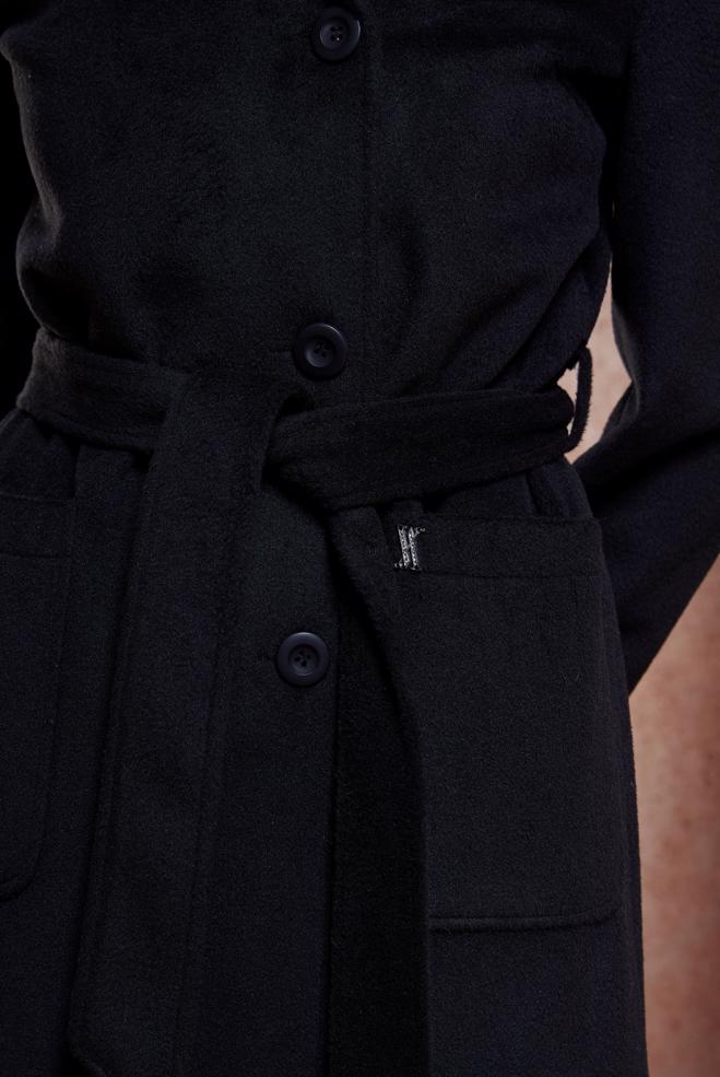 Tesettür giyim SİYAH KUŞAKLI KAPÜŞONLU KABAN 90537 - ALVİNA