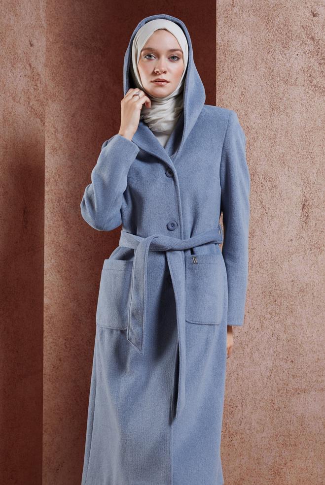 Hijab clothing NAVY BLUE HOODED BELTED COAT 90537 - ALVİNA
