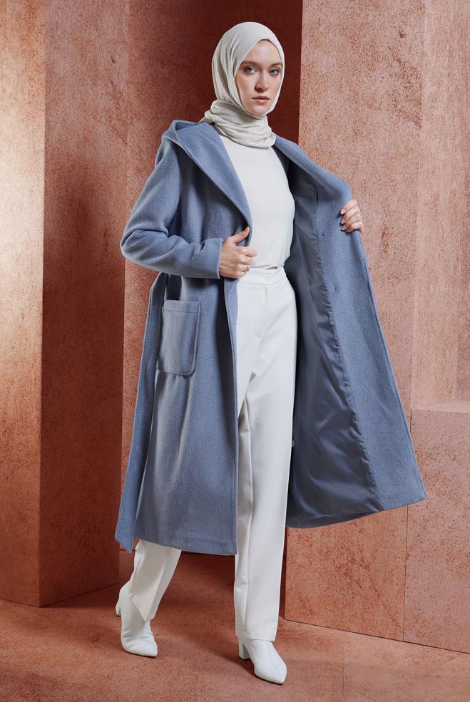 Hijab clothing NAVY BLUE HOODED BELTED COAT 90537 - ALVİNA