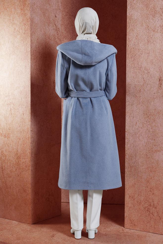 Hijab clothing NAVY BLUE HOODED BELTED COAT 90537 - ALVİNA