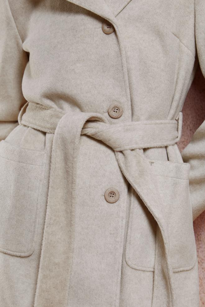 Tesettür giyim BEJ KUŞAKLI KAPÜŞONLU KABAN 90537 - ALVİNA