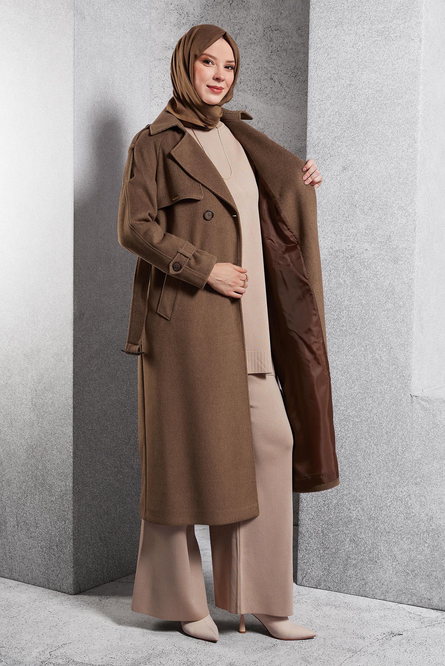 Tesettür giyim TABA KEMERLİ KAŞE KABAN 90539