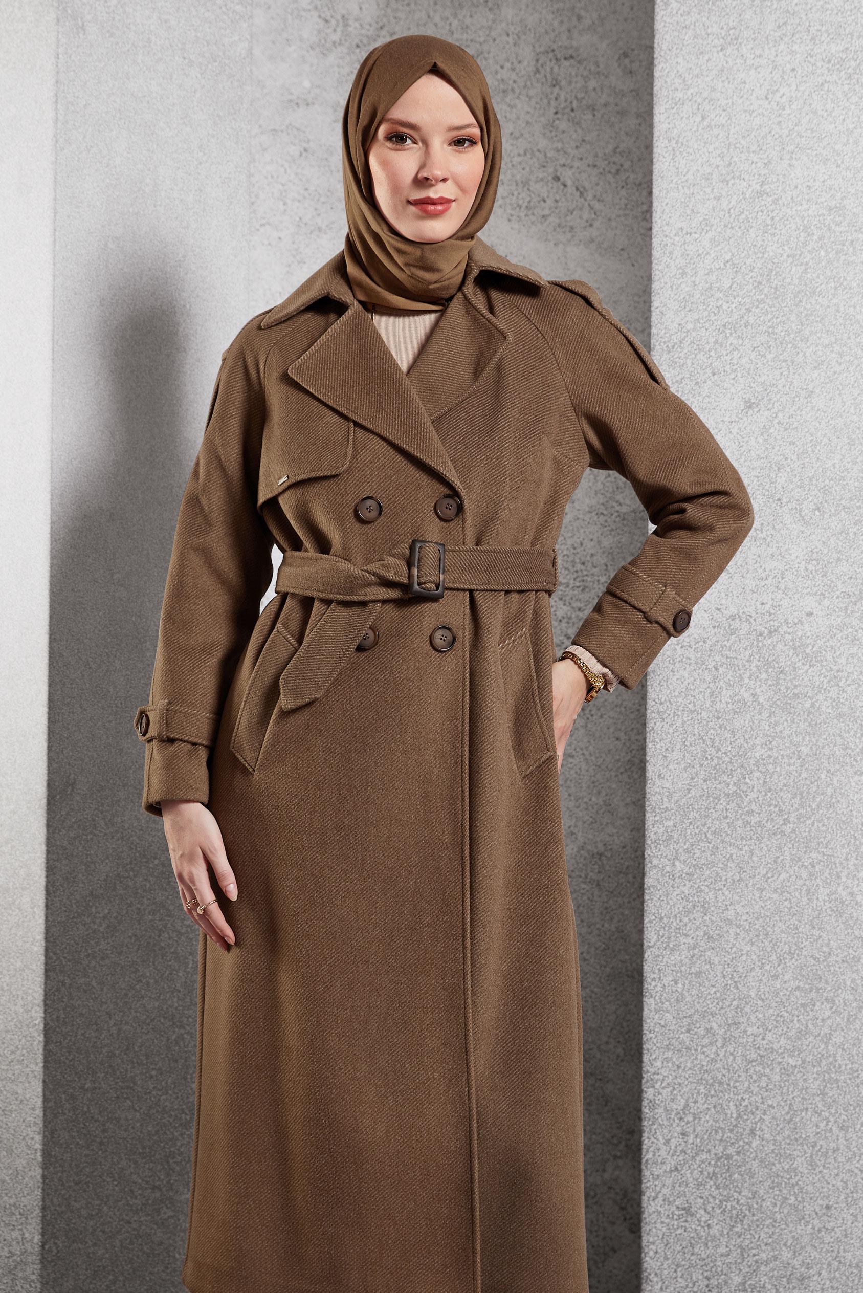 Tesettür giyim TABA KEMERLİ KAŞE KABAN 90539