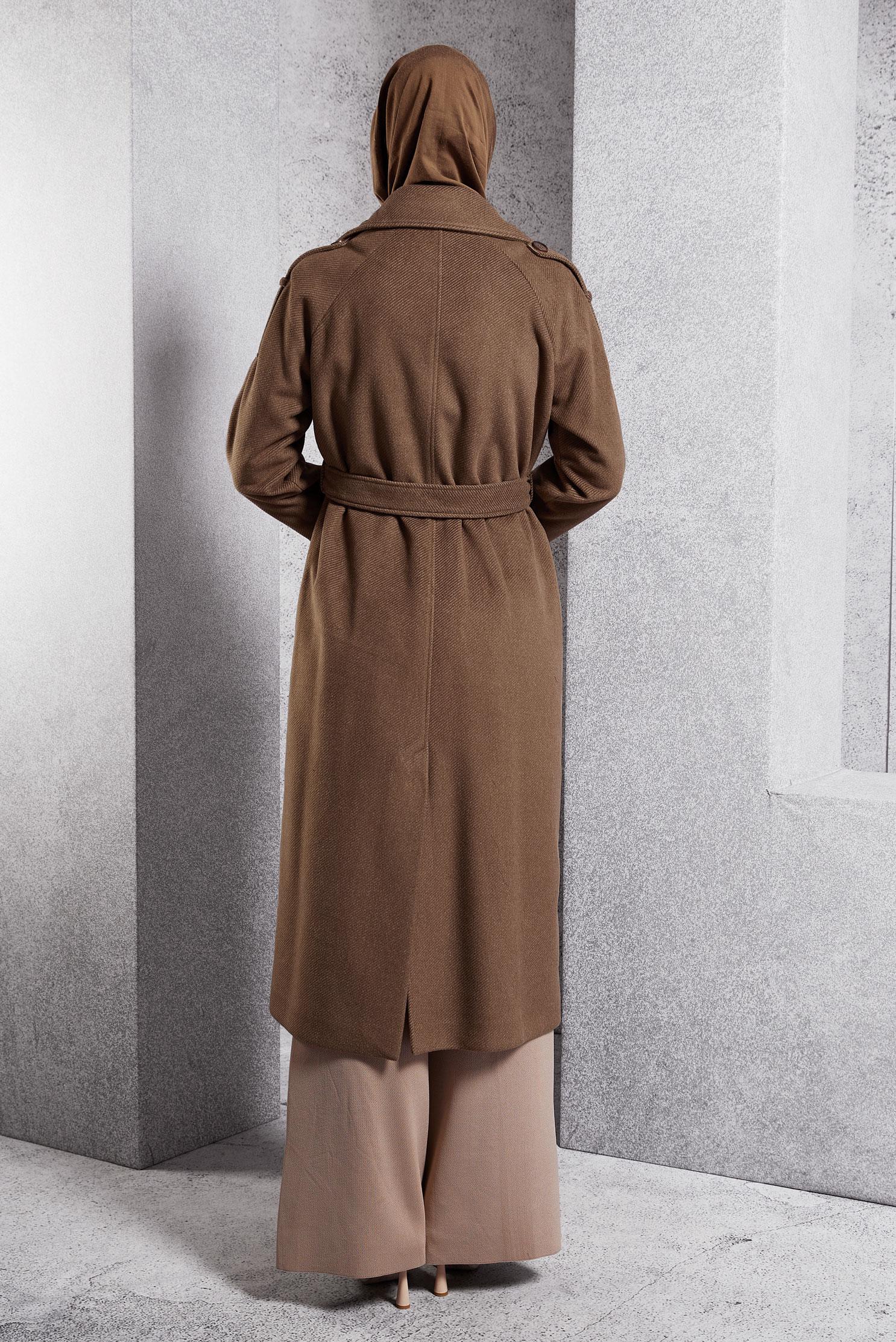 Tesettür giyim TABA KEMERLİ KAŞE KABAN 90539