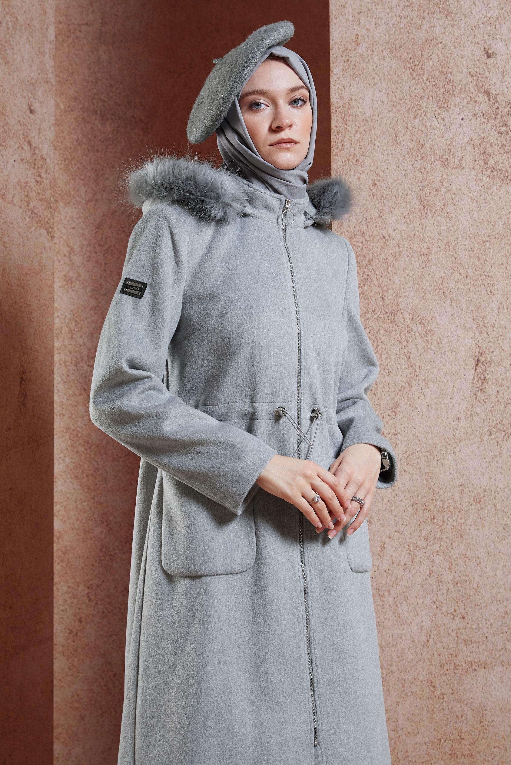 Tesettür giyim GRİ KAPÜŞONLU KABAN 90542
