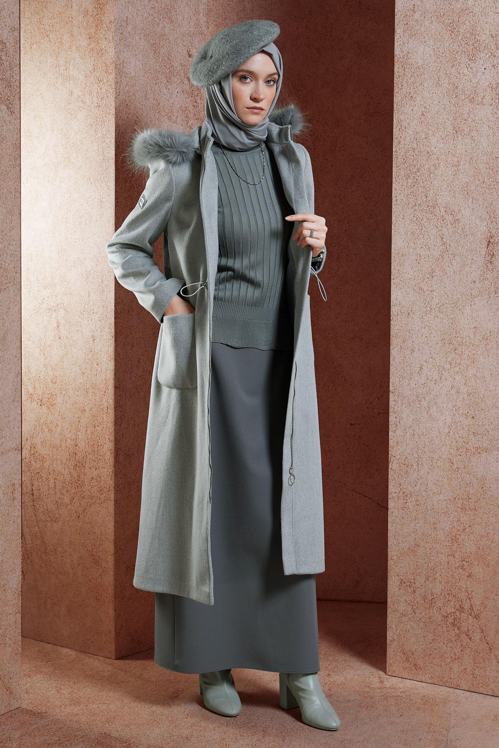 Tesettür giyim GRİ KAPÜŞONLU KABAN 90542