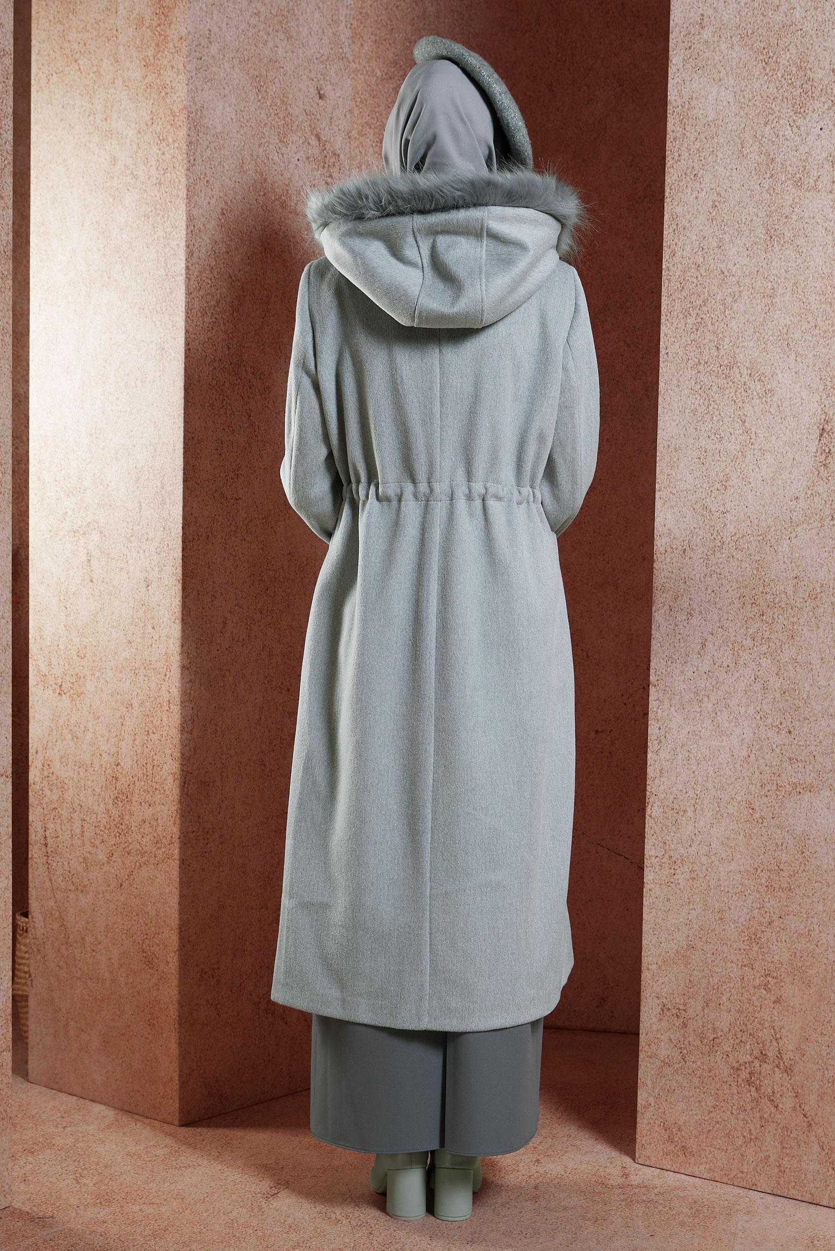 Tesettür giyim GRİ KAPÜŞONLU KABAN 90542