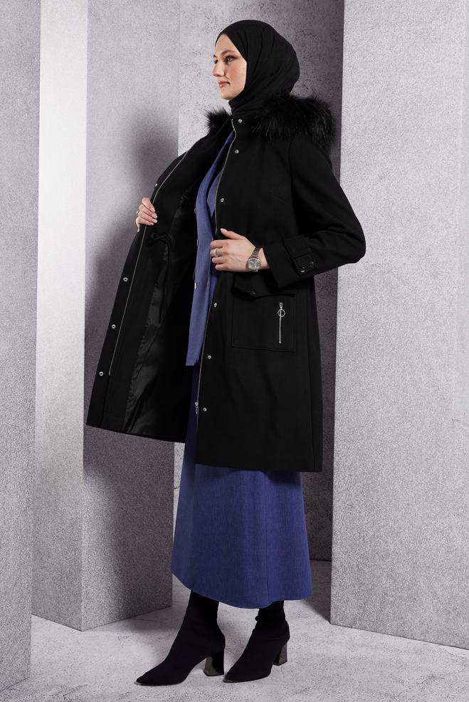 Hijab clothing BLACK HOODED COAT 90543 - ALVİNA